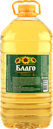 Масло подсолнечное БЛАГО рафинированное дезодорированное первый сорт, 5л, крупный план