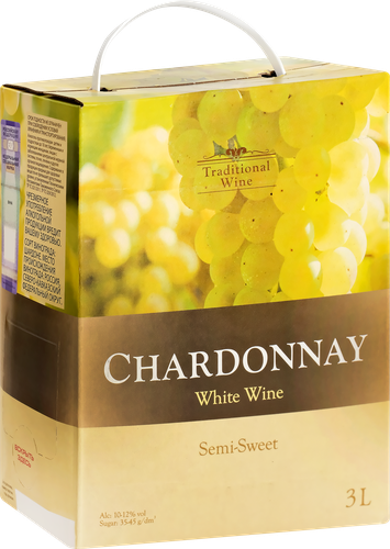 Вино TRADITIONAL WINE Шардоне сортовое белое полусладкое, 3л, крупный план