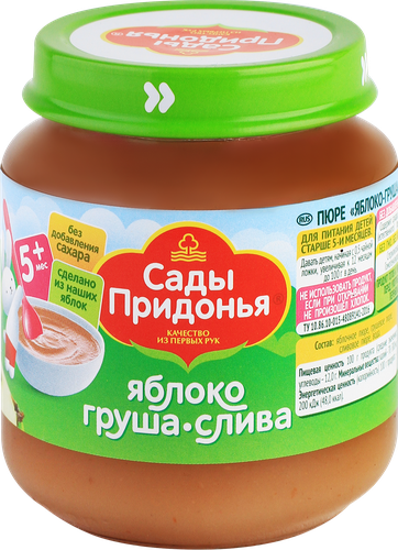 Пюре фруктовое САДЫ ПРИДОНЬЯ Яблоко, груша, слива, с 5 месяцев, 120г, картинка