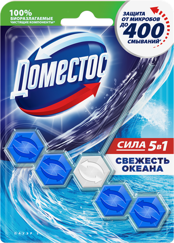 Блок для унитаза ДОМЕСТОС Power 5 Свежесть океана, 55г, фотография