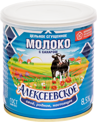 Молоко сгущенное АЛЕКСЕЕВСКОЕ цельное с сахаром 8,5%, без змж ГОСТ, 360г, фотография