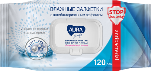 Салфетки влажные AURA Family, с антибактериальным эффектом, 120шт, детальное фото