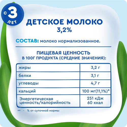 Молоко ультрапастеризованное детское АГУША 3,2%, с 3 лет, без змж, 950г, вид