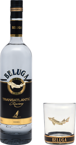 Водка BELUGA Трансатлантик Рейсинг 40%, п/у + бокал, 0.7л, крупный план