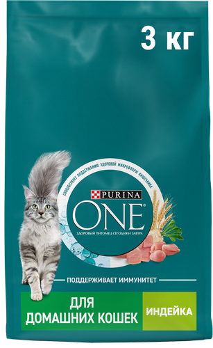 Корм сухой для взрослых кошек PURINA ONE для живущих в домашних условиях, с высоким содержанием индейки и цельными злаками, 3кг, изображение