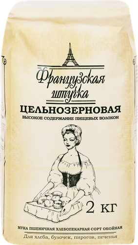 Мука пшеничная ФРАНЦУЗСКАЯ ШТУЧКА цельнозерновая хлебопекарная обойная ГОСТ, 2кг, детальное фото
