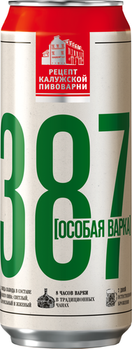 Пиво светлое 387 Особая варка пастеризованное, 6,8%, ж/б, 0.45л, крупный план