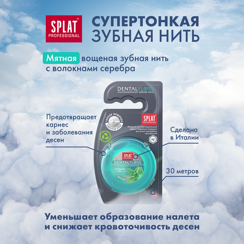 Зубная нить SPLAT тонкая, мятная с волокнами серебра, 30м, крупный план