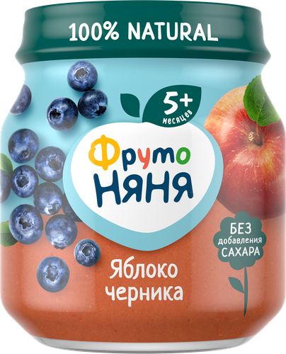 Пюре фруктово-ягодное ФРУТОНЯНЯ Яблоко, черника, с 5 месяцев, 100г, крупный план