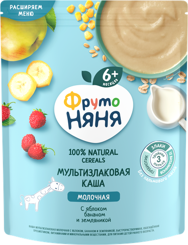 Каша мультизлаковая ФРУТОНЯНЯ молочная, с яблоком, бананом и земляникой, с 6 месяцев, 200г, картинка