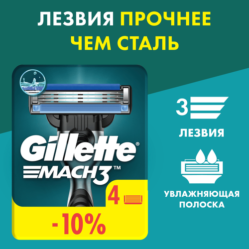 Кассеты сменные для бритья GILLETTE Mach3, 4шт, изображение