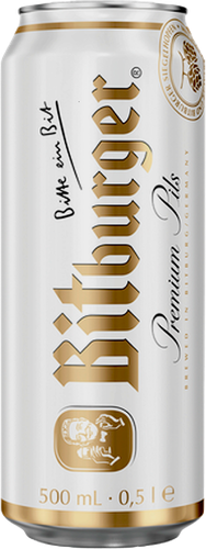 Пиво светлое BITBURGER фильтрованное непастеризованное, 4,8%, ж/б, 0.5л, крупный план
