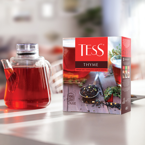 Чай черный TESS Thyme с чабрецом и цедрой лимона, 100пак, крупный план
