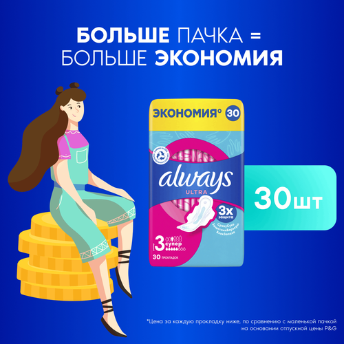 Прокладки ALWAYS Ultra Супер, с крылышками, 30шт, картинка