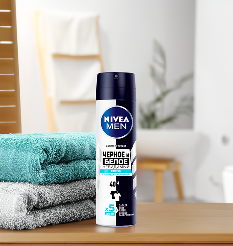 Антиперспирант-спрей мужской NIVEA MEN Fresh Черное и Белое Невидимая защита, 130мл, крупный план
