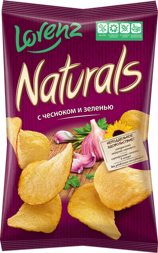 Чипсы картофельные NATURALS с чесноком и зеленью, 100г, крупный план