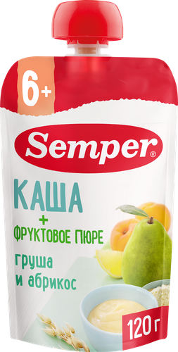 Пюре фруктово-злаковое SEMPER Грушево-абрикосовое, с кашей, с 6 месяцев, 120г, крупный план