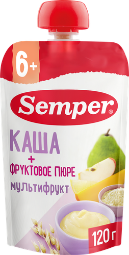 Пюре фруктово-злаковое SEMPER Мультифруктовое, с кашей, с 6 месяцев, 120г, фото