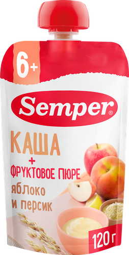 Пюре фруктовое-злаковое SEMPER Яблочно-персиковое, с кашей, с 6 месяцев, 120г, вид