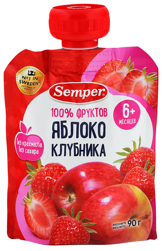 Пюре фруктово-ягодное SEMPER Яблоко, клубника, с 6 месяцев, 90г, изображение