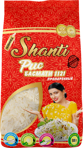 Рис длиннозерный SHANTI Басмати, пропаренный, 500г, крупный план