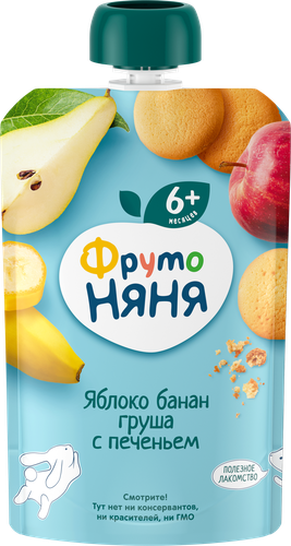 Пюре фруктовое ФРУТОНЯНЯ Яблоко, банан и груша, с печеньем, с 6 месяцев, 90г, фотография