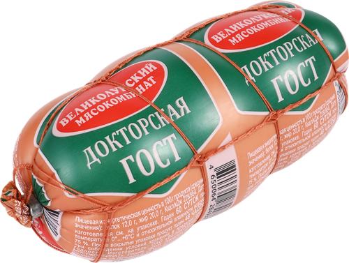 Колбаса вареная МК ВЕЛИКОЛУКСКИЙ Докторская ГОСТ в обвязке, 500г, вид