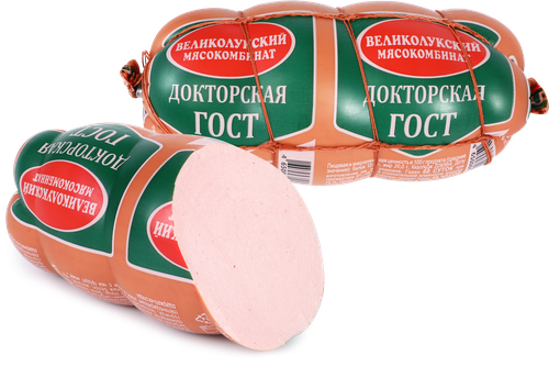 Колбаса вареная МК ВЕЛИКОЛУКСКИЙ Докторская ГОСТ в обвязке, 500г, вид