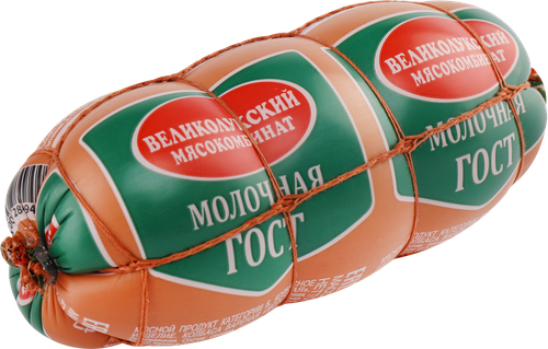Колбаса вареная МК ВЕЛИКОЛУКСКИЙ Молочная ГОСТ в обвязке, 500г, крупный план