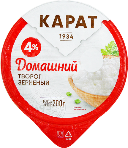 Творог зерненый КАРАТ Домашний 4%, без змж, 200г, изображение