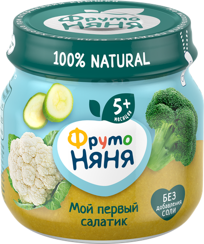 Пюре овощное ФРУТОНЯНЯ Мой первый салатик Брокколи, кабачок и цветная капуста, с 5 месяцев, 80г, детальное фото