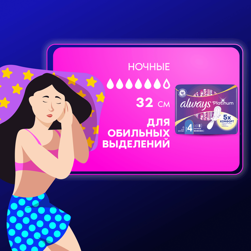 Прокладки ночные ALWAYS Platinum Ultra Night ультратонкие, с крылышками, 6шт, крупный план