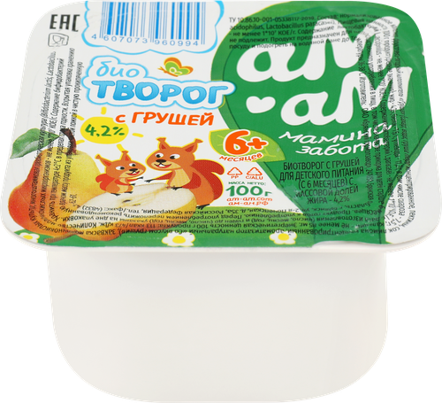 Биотворог для детей АМ-АМ МАМИНА ЗАБОТА с грушей 4,2%, с 6 месяцев, без змж, 100г, детальное фото