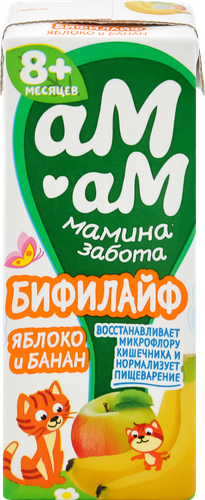 Биопродукт кисломолочный для детей АМ-АМ МАМИНА ЗАБОТА Бифилайф Яблоко, банан 2,5%, с 8 месяцев, без змж, 210г, фото
