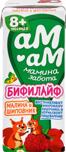 Биопродукт кисломолочный для детей АМ-АМ МАМИНА ЗАБОТА Бифилайф Малина, шиповник 2,5%, с 8 месяцев, без змж, 210г, фото