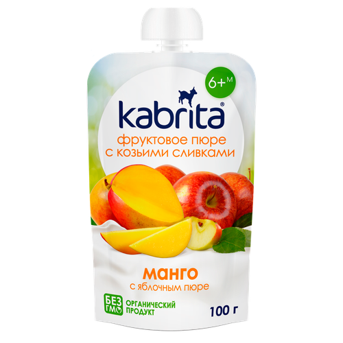Пюре фруктовое KABRITA Манго с яблочным пюре и козьими сливками, с 6 месяцев, 100г, крупный план