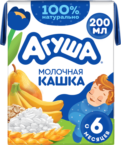Кашка злаковая детская АГУША Засыпай-ка молочная 2,7%, с грушей и бананом, с 6 месяцев, 200мл, картинка