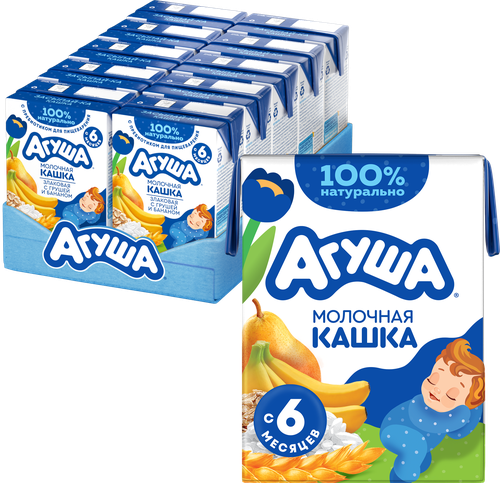 Кашка злаковая детская АГУША Засыпай-ка молочная 2,7%, с грушей и бананом, с 6 месяцев, 200мл, крупный план