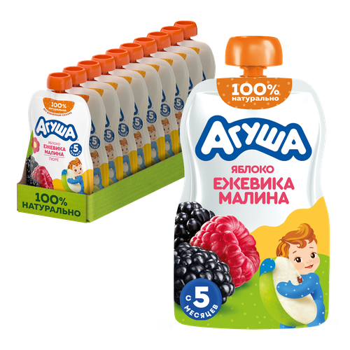 Пюре фруктово-ягодное детское АГУША Яблоко, ежевика, малина, с 5 месяцев, 90г, изображение