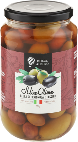 Оливки и маслины с косточкой DOLCE ALBERO зеленые и черные, 580мл, изображение