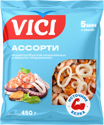 Ассорти из морепродуктов варено-мороженное VICI с изделиями формованными (имитация из сурими), 450г, фотография