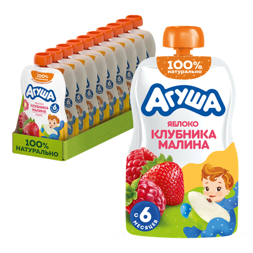 Пюре фруктово-ягодное детское АГУША Яблоко, клубника, малина, с 6 месяцев, 90г, детальное фото