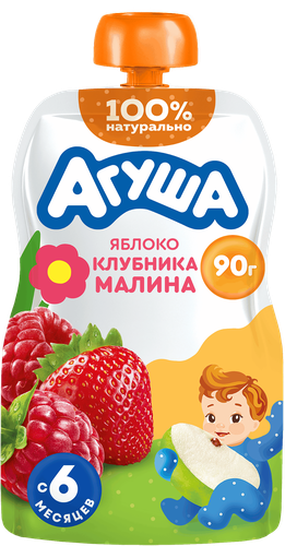 Пюре фруктово-ягодное детское АГУША Яблоко, клубника, малина, с 6 месяцев, 90г, крупный план