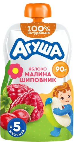 Пюре фруктово-ягодное детское АГУША Яблоко, малина, шиповник, с 5  месяцев, 90г, картинка
