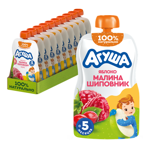 Пюре фруктово-ягодное детское АГУША Яблоко, малина, шиповник, с 5  месяцев, 90г, вид