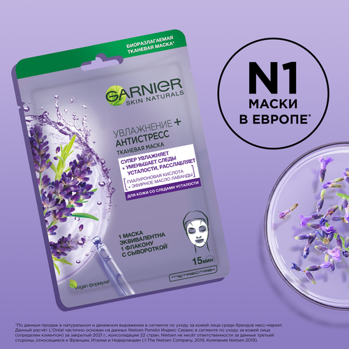 Маска тканевая для лица GARNIER Увлажнение + Антистресс с гиалуроновой кислотой, эфирным маслом лаванды и увлажняющей сывороткой, 32г, фото