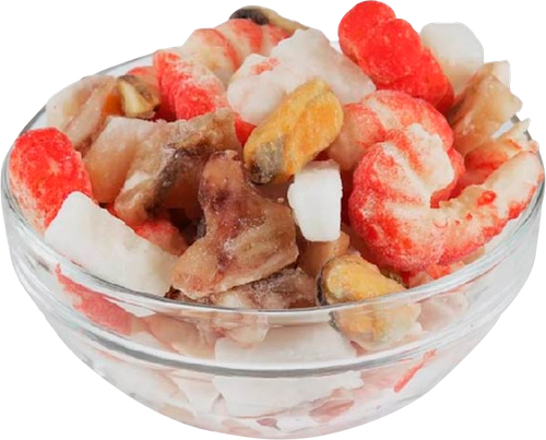 Ассорти из морепродуктов варено-мороженное с изделиями 
формованными из сурими, весовое, фотография