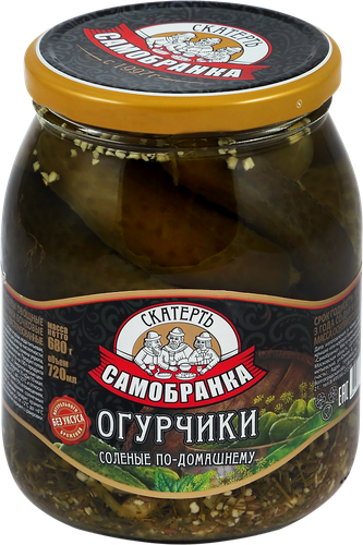 Огурцы соленые СКАТЕРТЬ-САМОБРАНКА По-домашнему бочковые, 720мл, крупный план