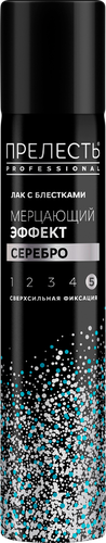Лак для волос ПРЕЛЕСТЬ Professional с блестками серебро, 75мл, крупный план
