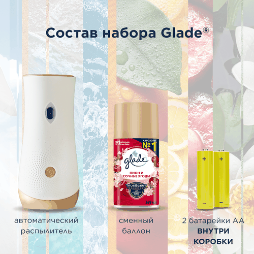 Освежитель воздуха автоматический GLADE Automatic Пион и сочные ягоды, основной блок, 269мл, крупный план